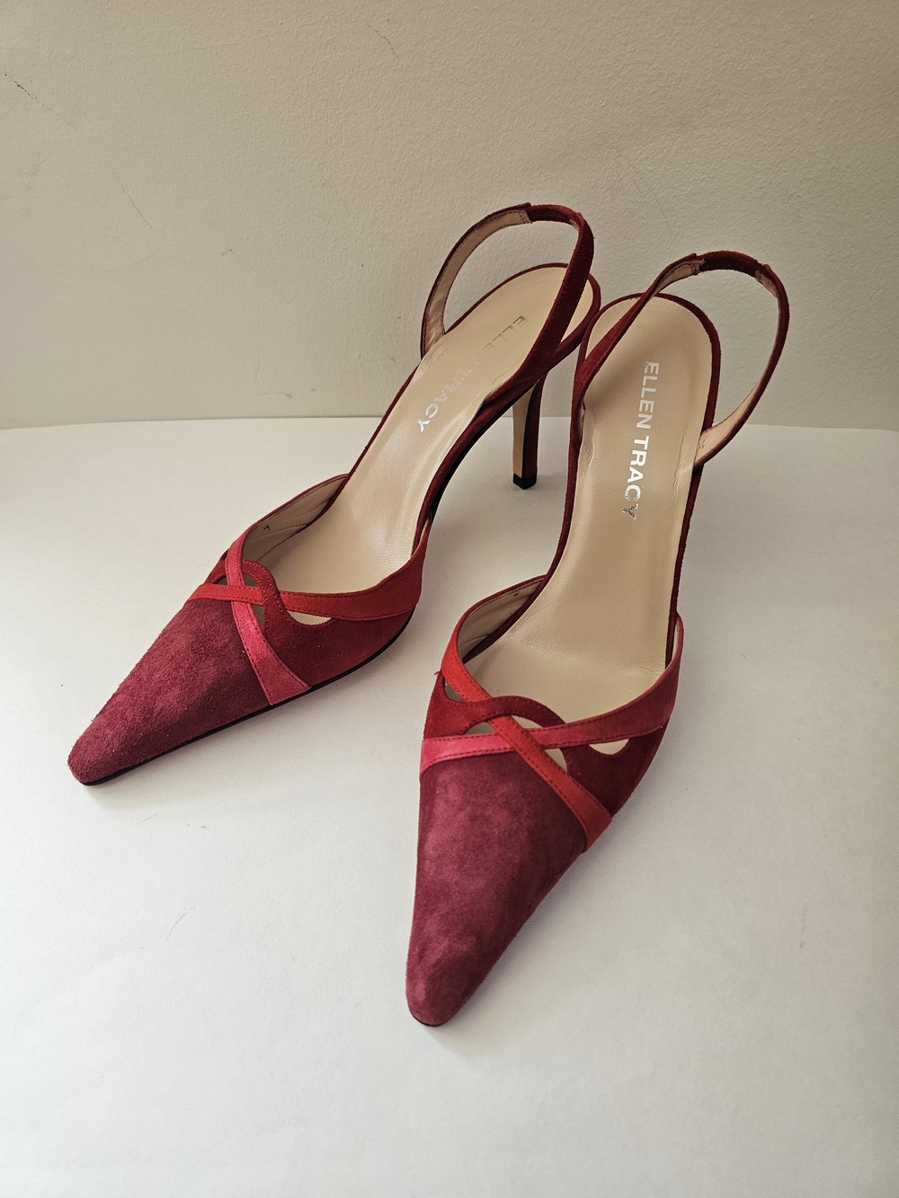 Ellen Tracy Red Suede Pointed-Toe Red Slingback Heels